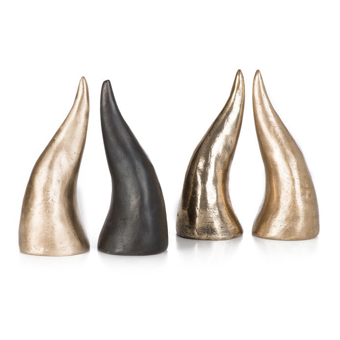 Solid cast bronze bookend in horn shape; shown in all 3 finishes, satin, blackened, and polished