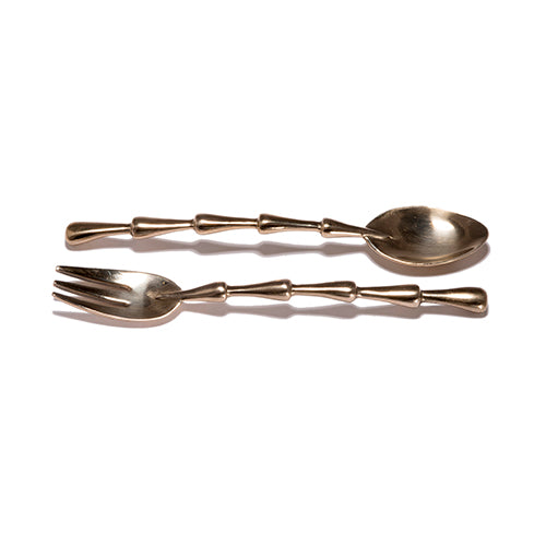 Cast bronze fork and spoon; each handle has 5 sculpted components with a wider and a tapered end 