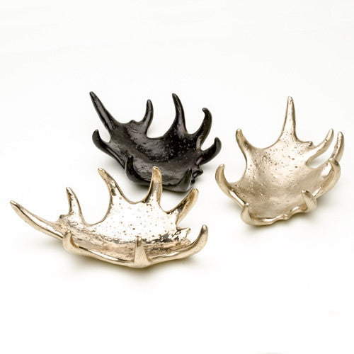 solid bronze antler dish, shown in 3 finishes: blackened, polished, and satin