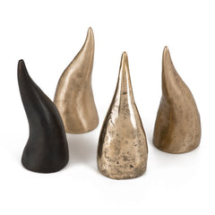 Solid cast bronze bookend in horn shape; shown in all 3 finishes, satin, blackened, and polished