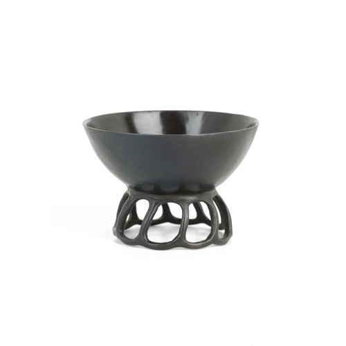 small solid bronze cup on openwork base, shown in blackened finish