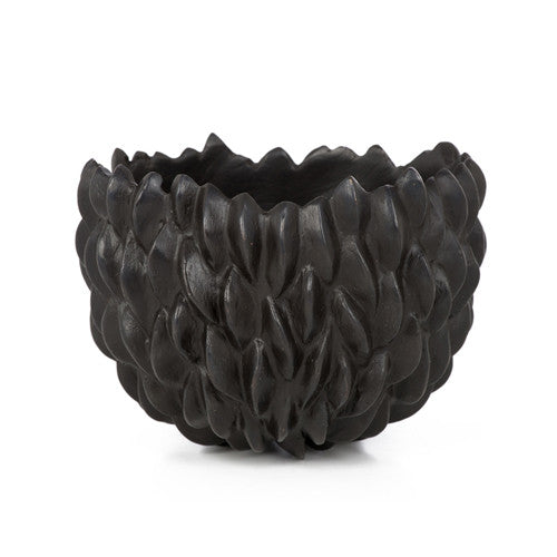 Solid bronze bowl with pod-like 3-d relief; shown in blackened finish