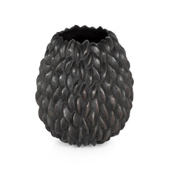 Solid bronze pod-like vessel with 3-d relief; shown in blackened finish