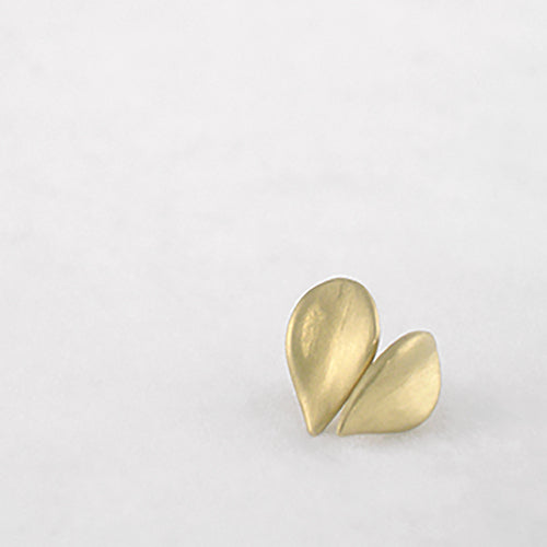 Small, softly rounded, slightly concave, leaf-shaped stud earring; shown in 14k yellow