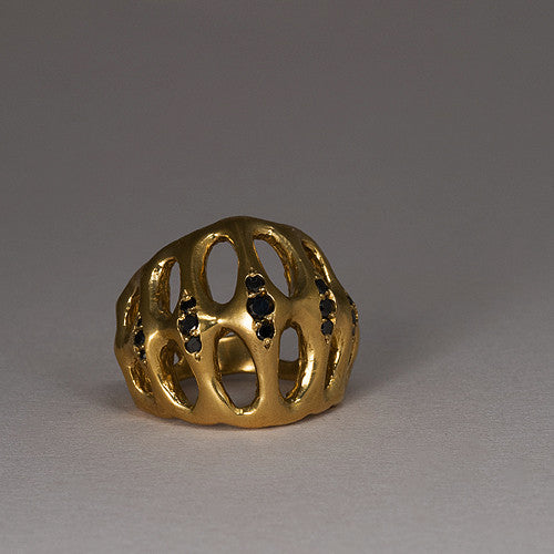Large, cage-like structure based loosely on a rib cage; shown in polished bronze with black diamonds