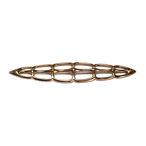 Marquise-shaped bronze object with openwork; loosely based on shape of rib cage