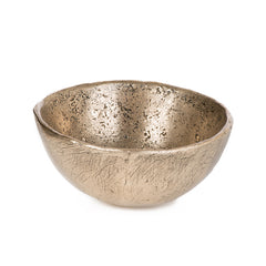 Small, organic bowl with slight texture on outside and more significant rock-like texture inside; shown in polished bronze