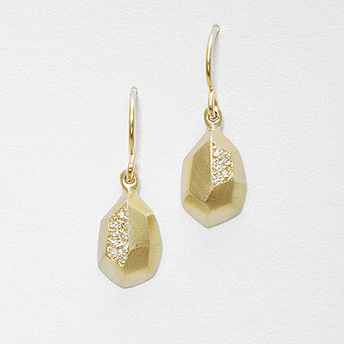 Faceted pear-like drop earring on wire with pavé diamonds in one facet per earring; shown in yellow gold