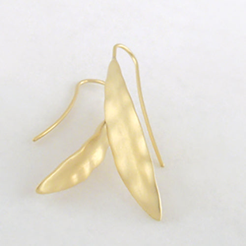 Elongated leaf-shaped earring with fixed wire; edges of leaf are ruffled, or hilly; satin finish; shown in yellow gold
