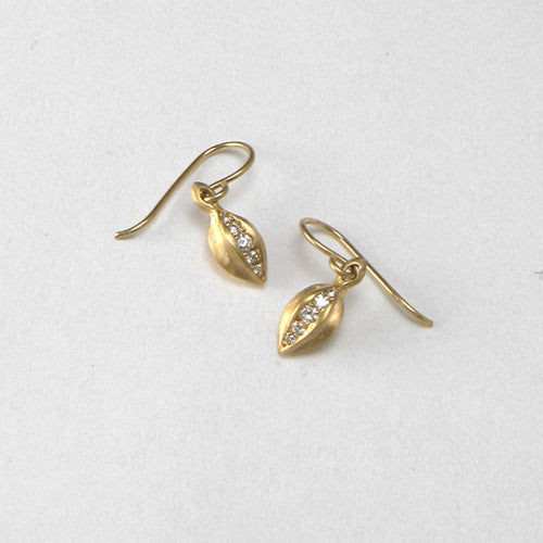 Bud-shaped, sculptured earring on wire with 5 diamonds set from top to bottom in center
